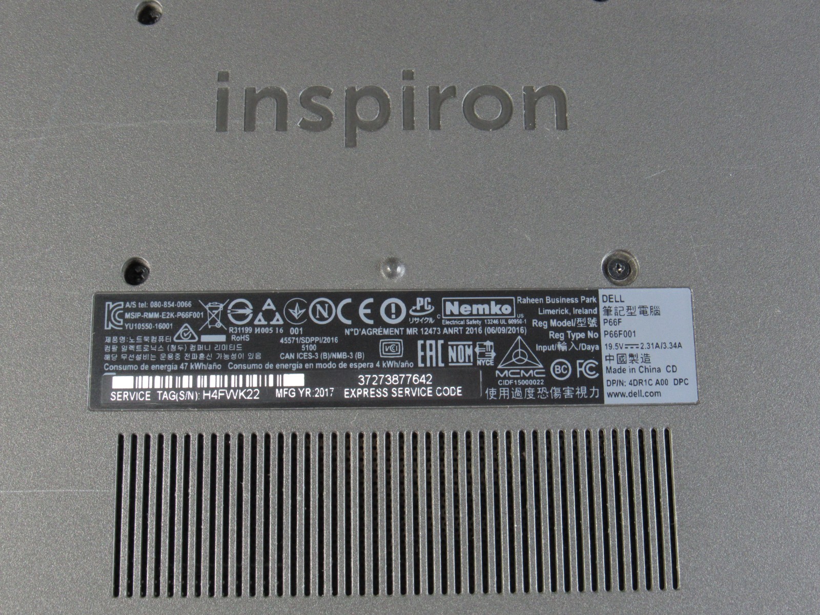 Dell Inspiron P66F Laptop – Intel i5 Gen 7 – 8GB RAM – 237GB HDD – Windows 10