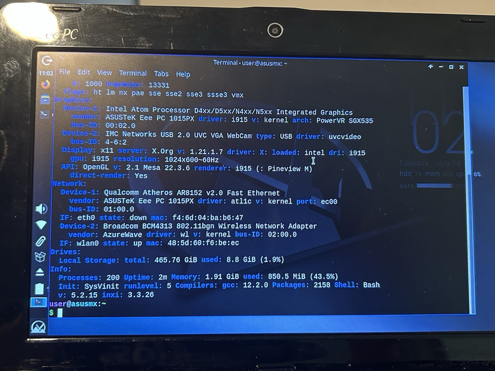 Asus eee pc 1015px- 2gb RAM- 480gb SSD- with Power Cord- Running MX Linux