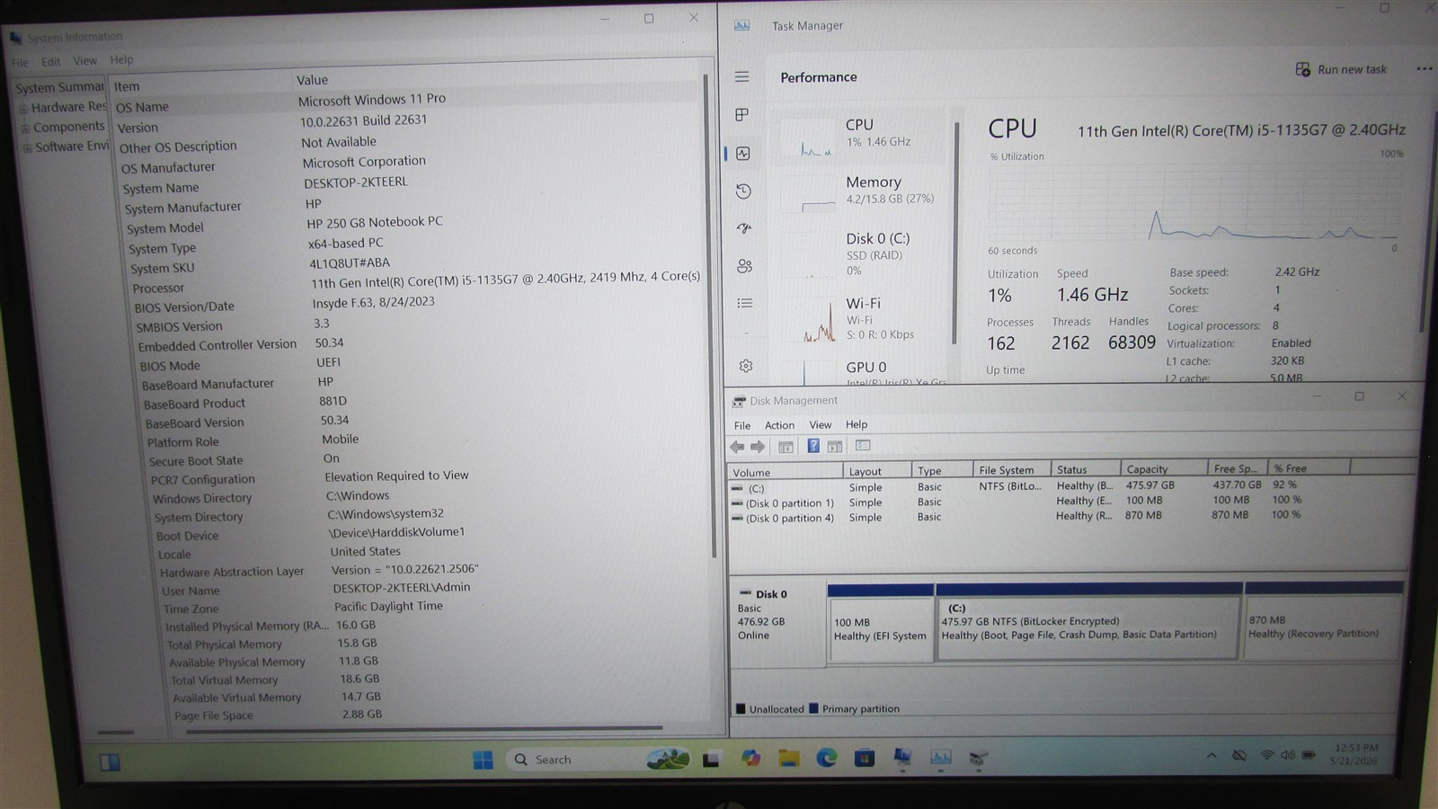 HP 250 G8 Notebook i5-1135G7 2.4GHz 16GB RAM 512GB NVME 15.6″ Windows 11 Pro