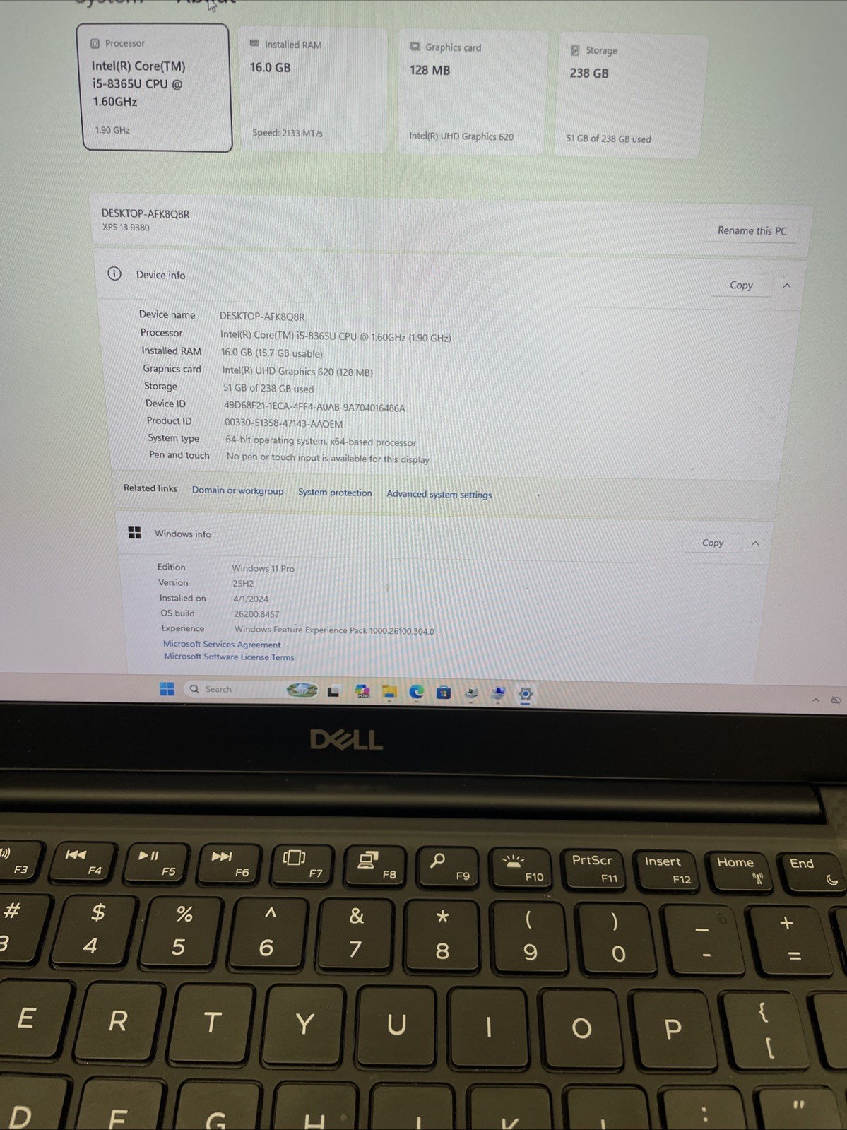 Dell XPS 13 9380 13.3” i5-8365U 16GB RAM 256GB SSD Win11 Pro w/Charger