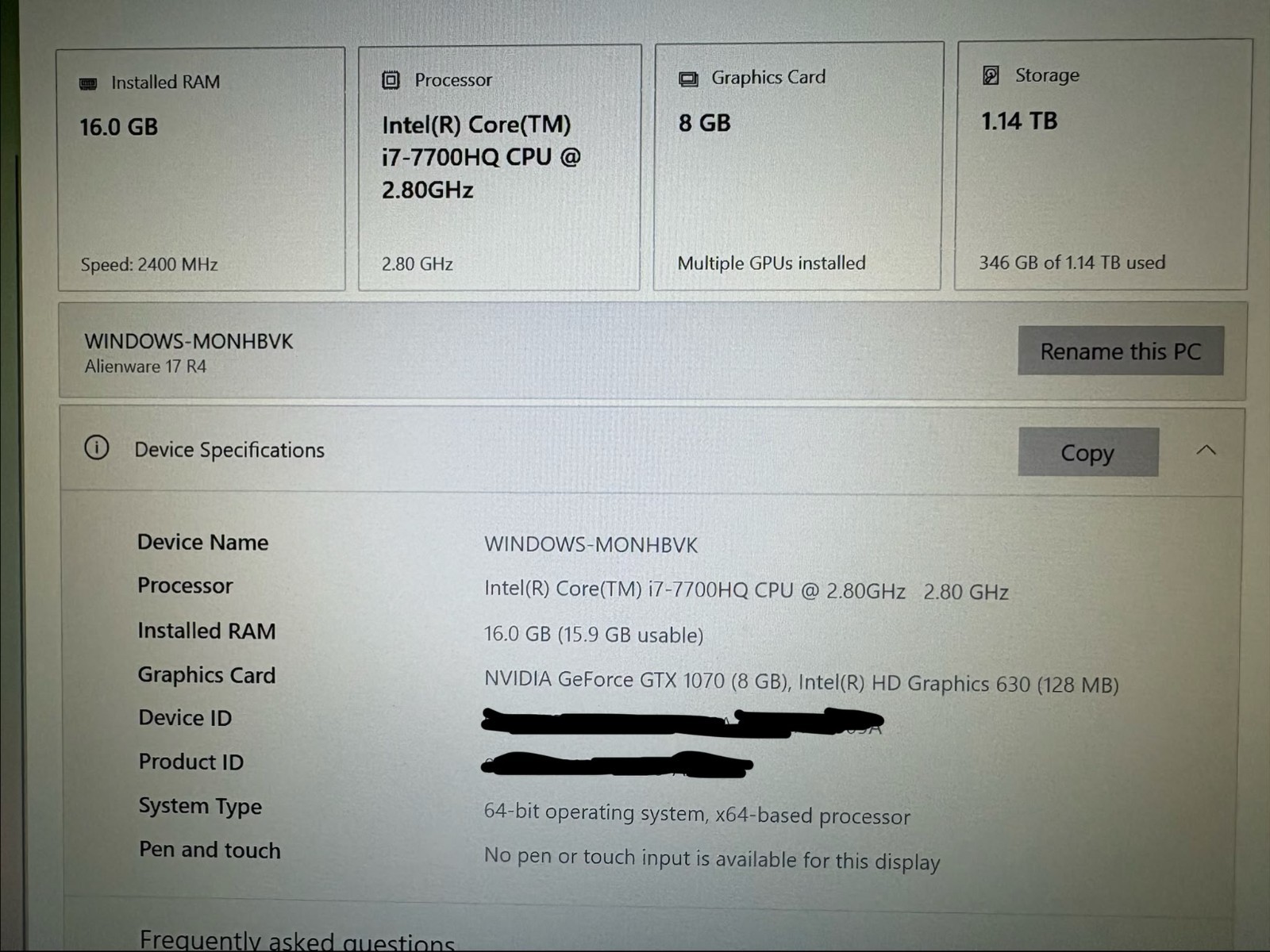 Alienware 17 R4 Gaming Laptop 17.3” i7-7700HQ 16GB RAM GTX 1070 8GB 1.25TB Exc