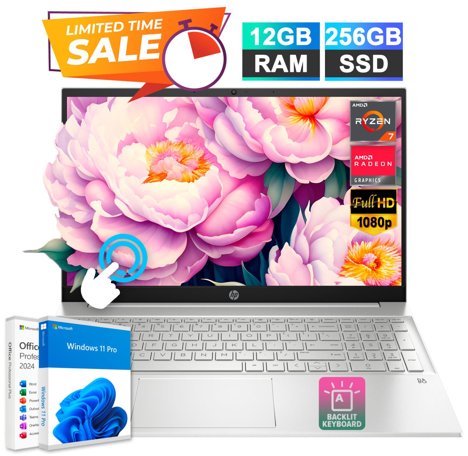 HP Pavilion Laptop 15.6″ Ryzen 7 12GB RAM & 256GB SSD Touch Backlit Office 2024