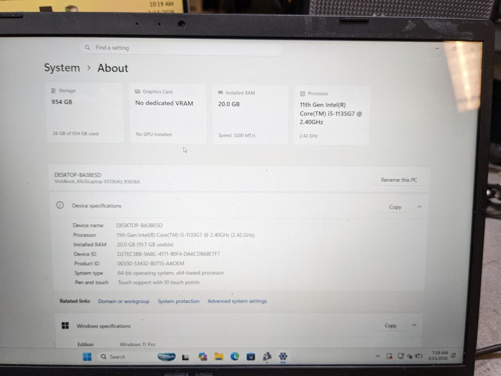 ASUS VIVOBOOK R565E i5-1135G7 @ 2.40GHz, 20GB RAM, NO HDD/OS