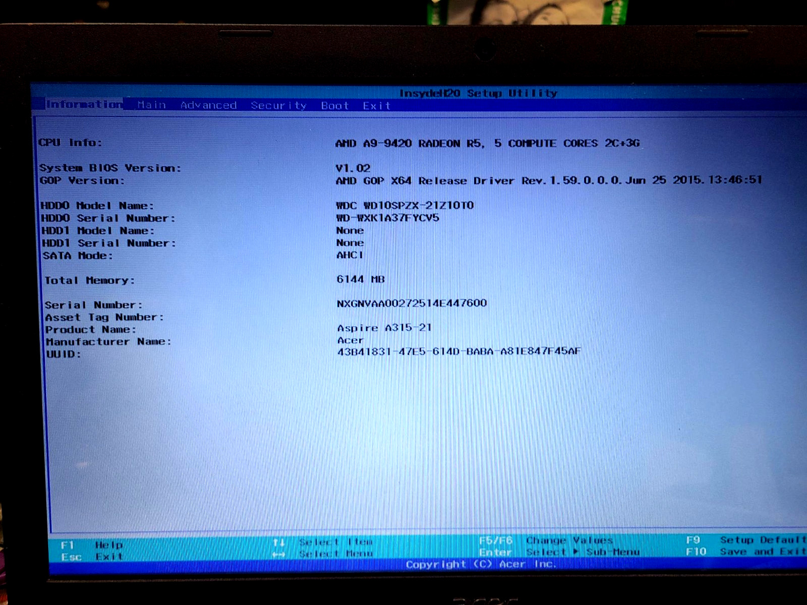 Acer Aspire 3 A315-21-95KF AMD A9-9420 3GHz 6GB 1TB W10P