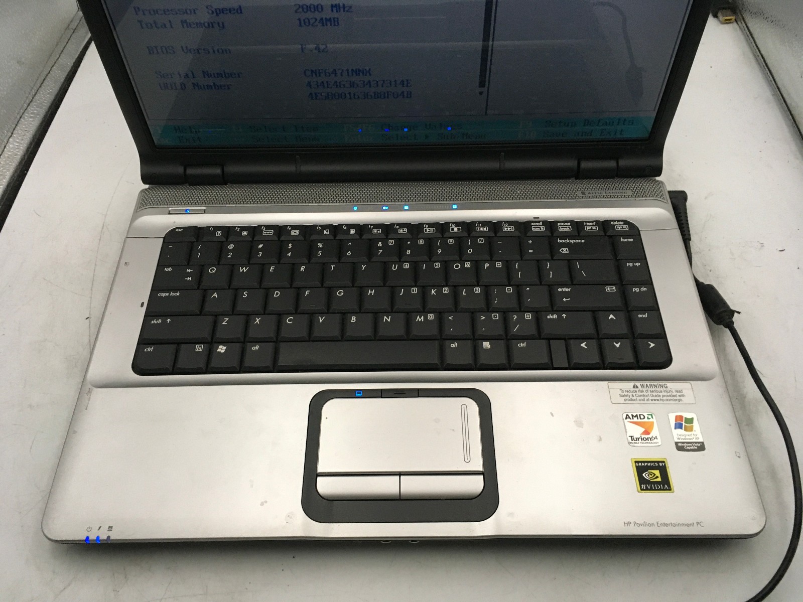 HP PAVILION DV6000 – BOOTS TO BIOS – AMD TURION 64 – 1GB RAM – READ DESC – BB!