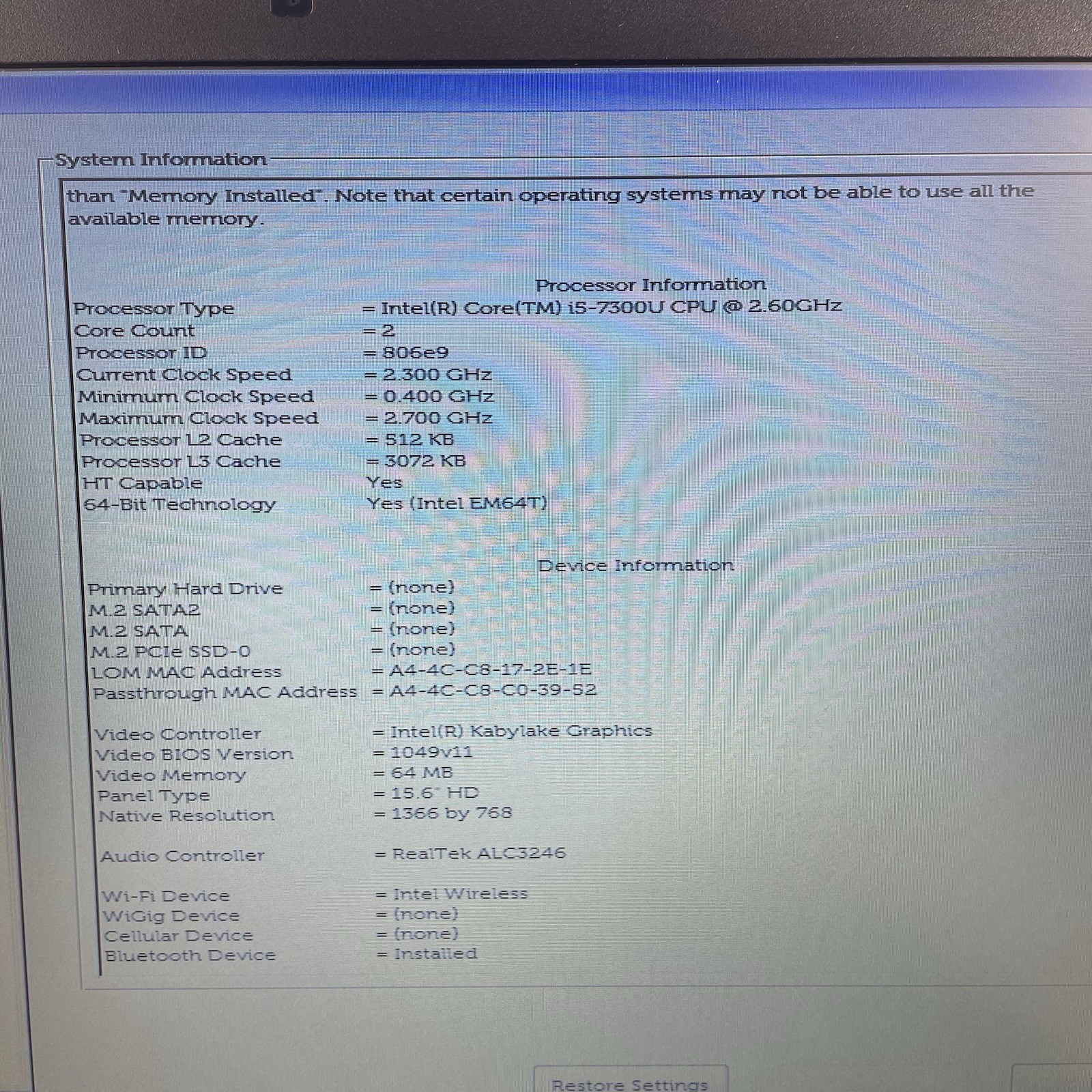 Dell Latitude 5580 15.6″ i5-7300U 2.60 GHz 8 GB RAM No SSD No OS