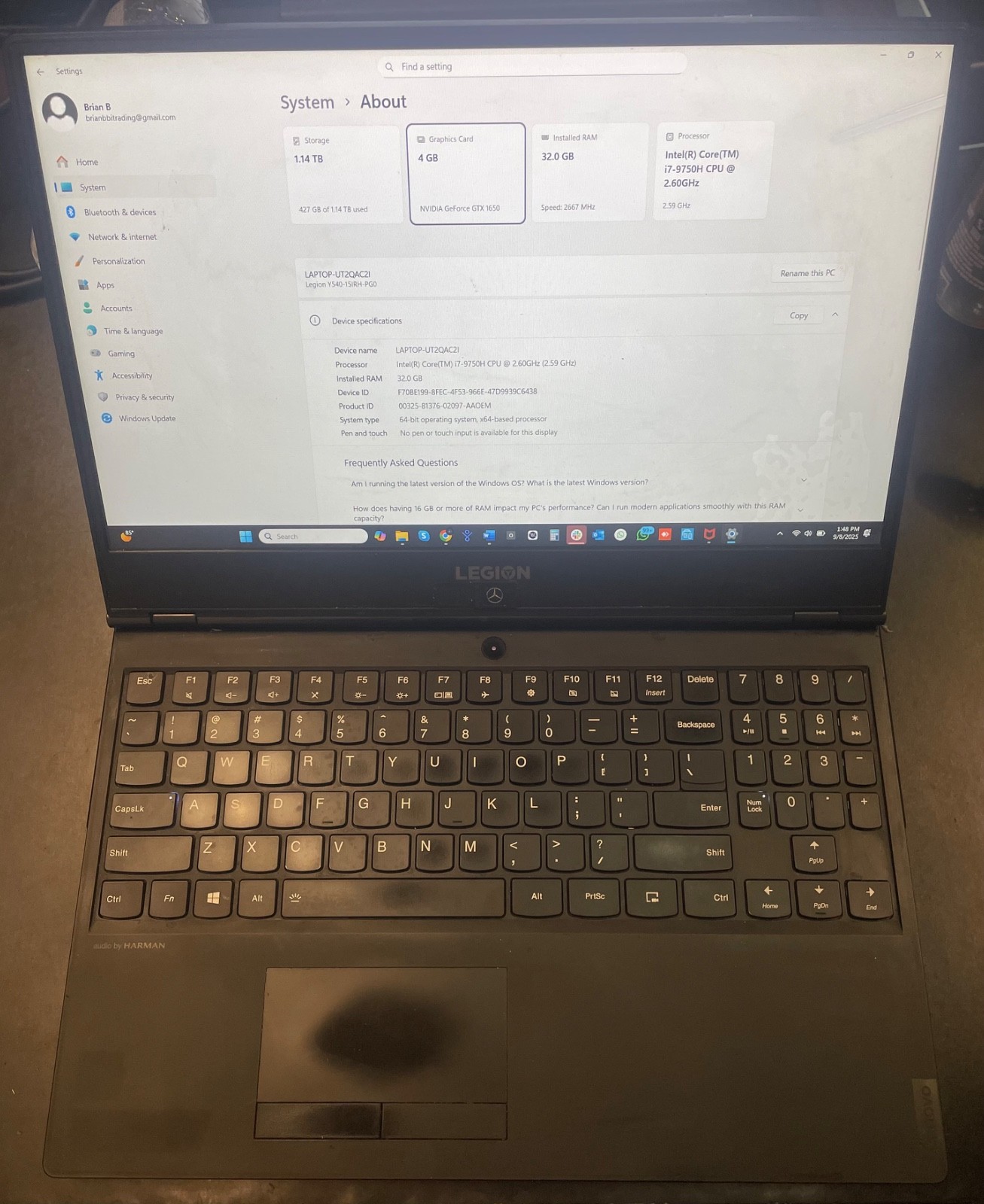 LENOVO LEGION Y540-15IRH | CORE I7-9750H | 1TB | 32GB RAM | 237GB SSD | 2.60 GHZ