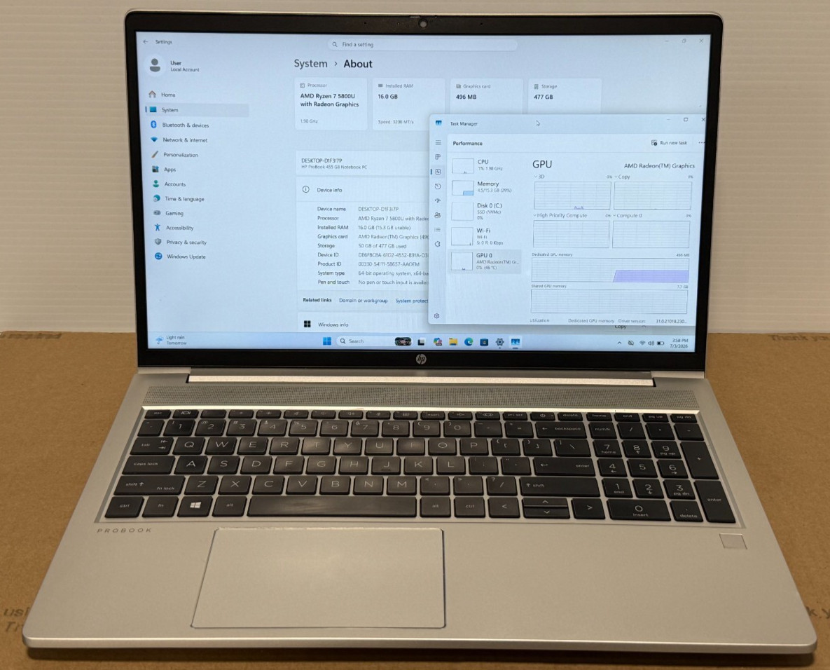Hp Probook 455 G8 AMD Ryzen 7 5800U 1.90Ghz 16GB M2-512SSD W11P