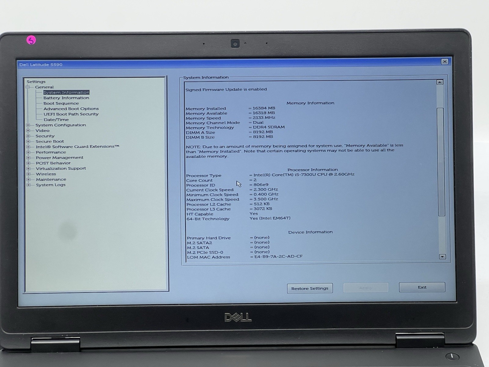 Dell Latitude 5590, i5-7300U CPU, @ 2.60GHz, 16GB RAM-No HDD/OS/Charger