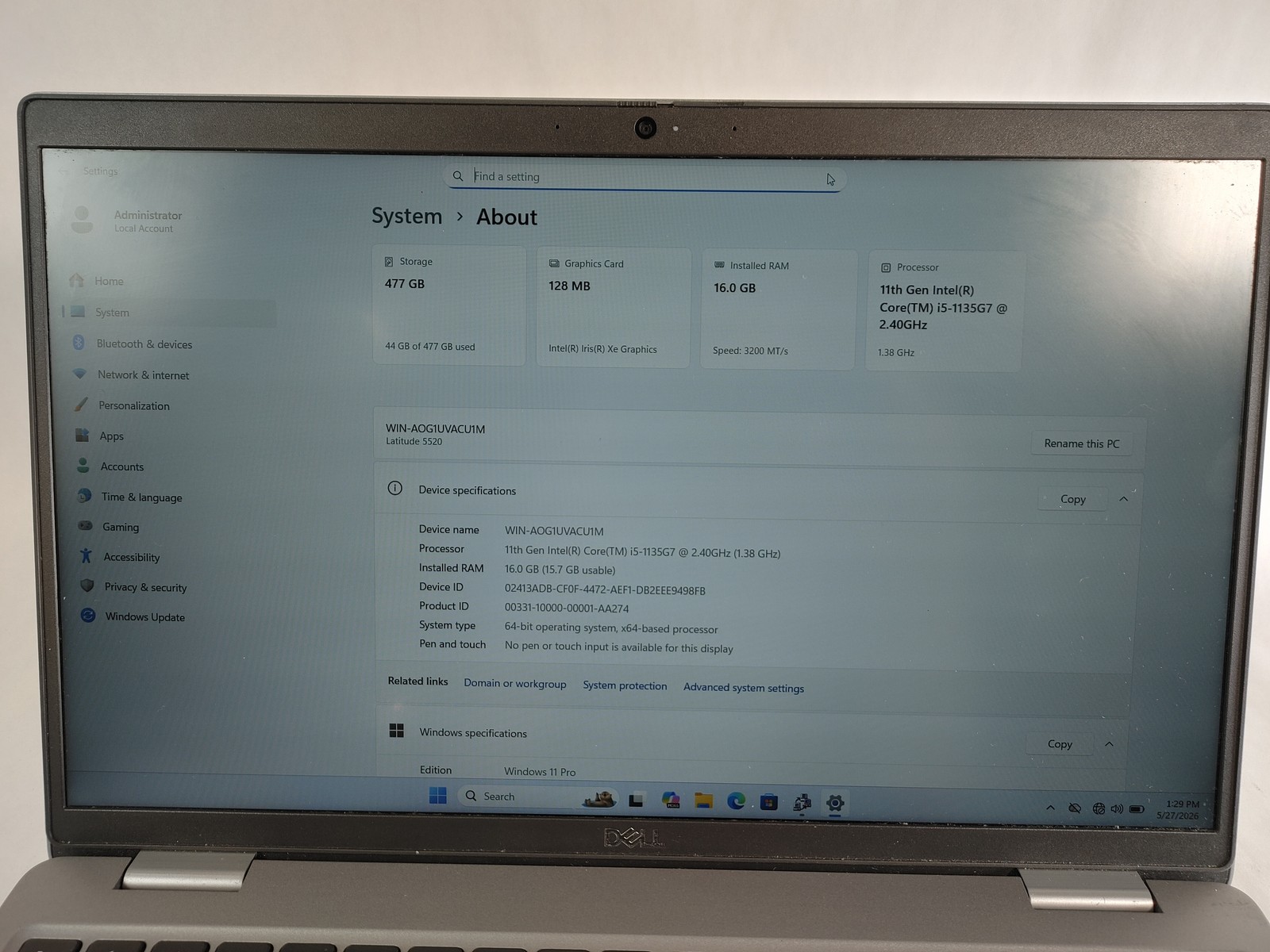 Dell Latitude 5520 Core i5-1135G7 2.40 GHz 16 GB DDR4 512 GB NVMe Windows 11 Pro