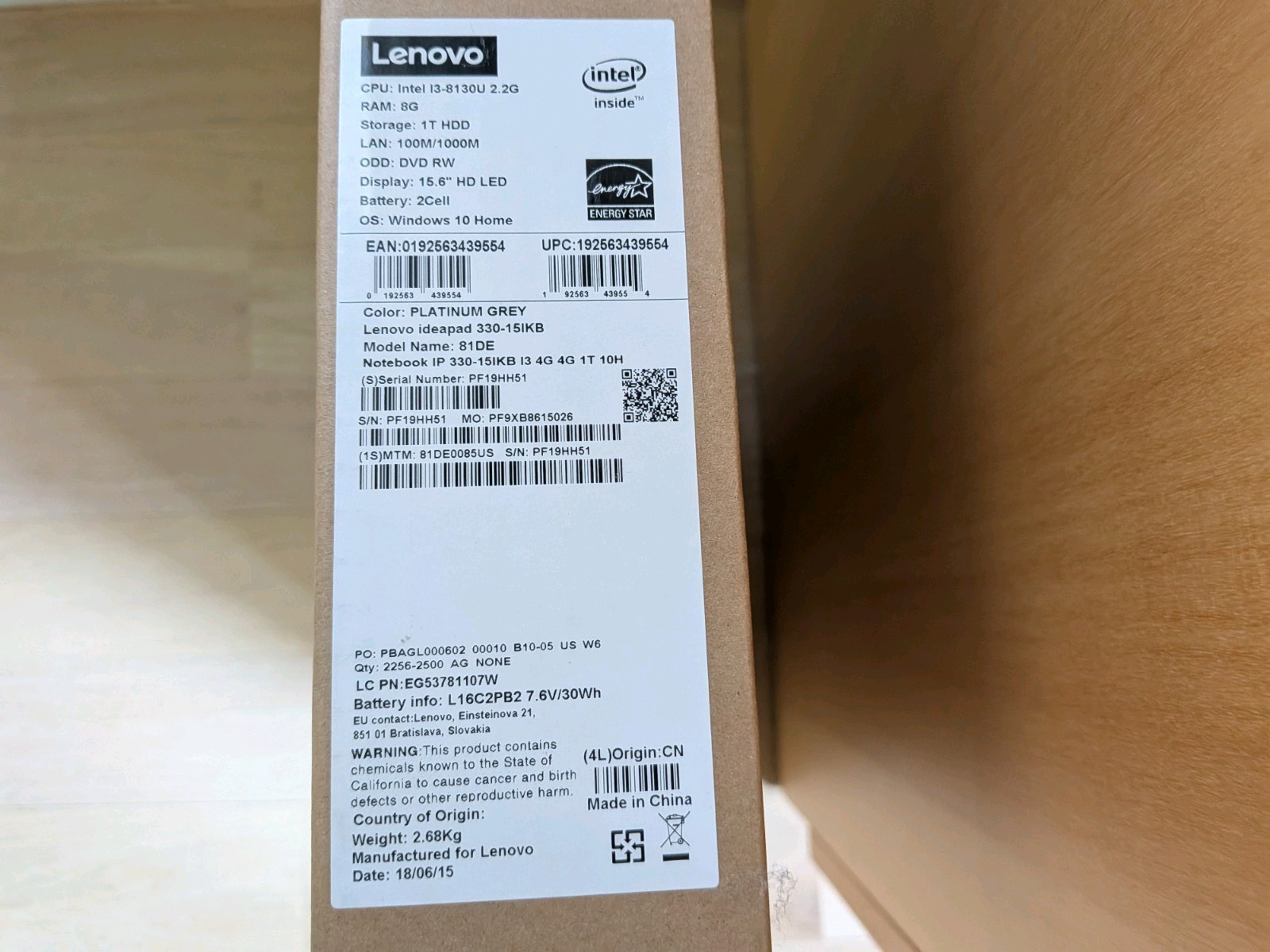 Lenovo 33015IKB 156 Laptop Intel Core i3 8GB Memory 1TB Hard Drive Platinum Gray