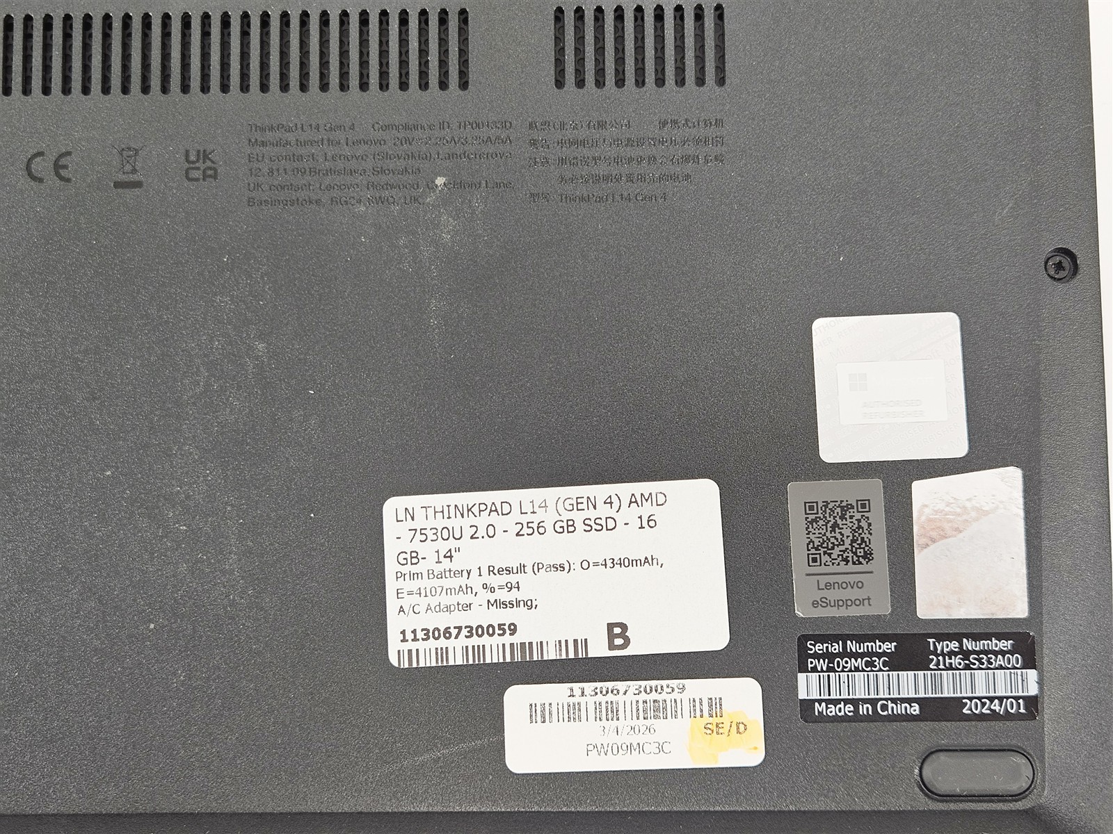 Lenovo 14″ ThinkPad L14 Gen 4 AMD Ryzen 5 Pro 7530U 16GB 256GB SSD Win11 Laptop