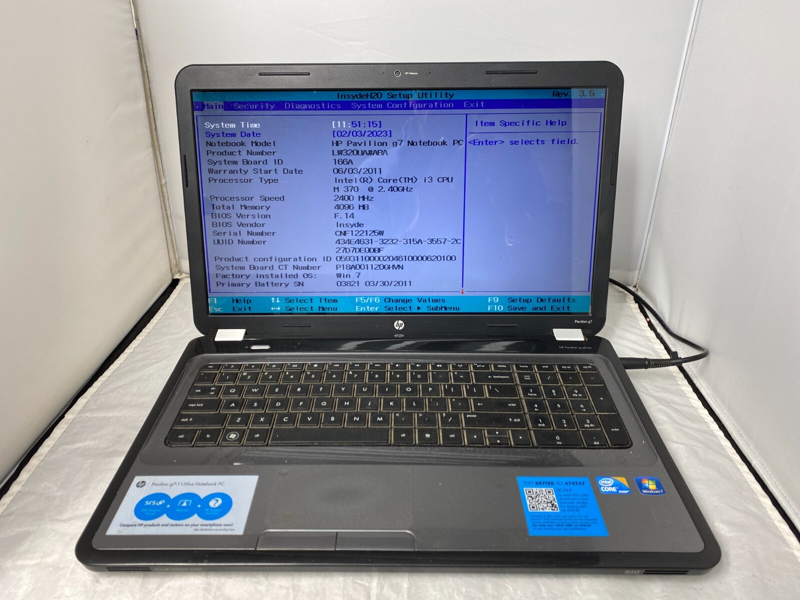 HP Pavilion g7-1150us Intel Core i3 M370 2.4 GHz 8 ,4 GB RAM 17.3″