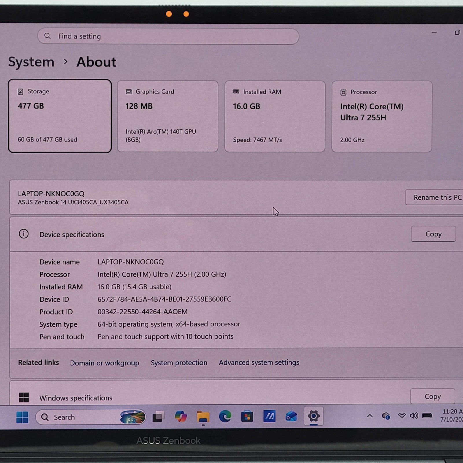 Asus Zenbook 14 UX3405C 14″ Core Ultra 7 255H 2.0GHz 16GB RAM 512GB SSD