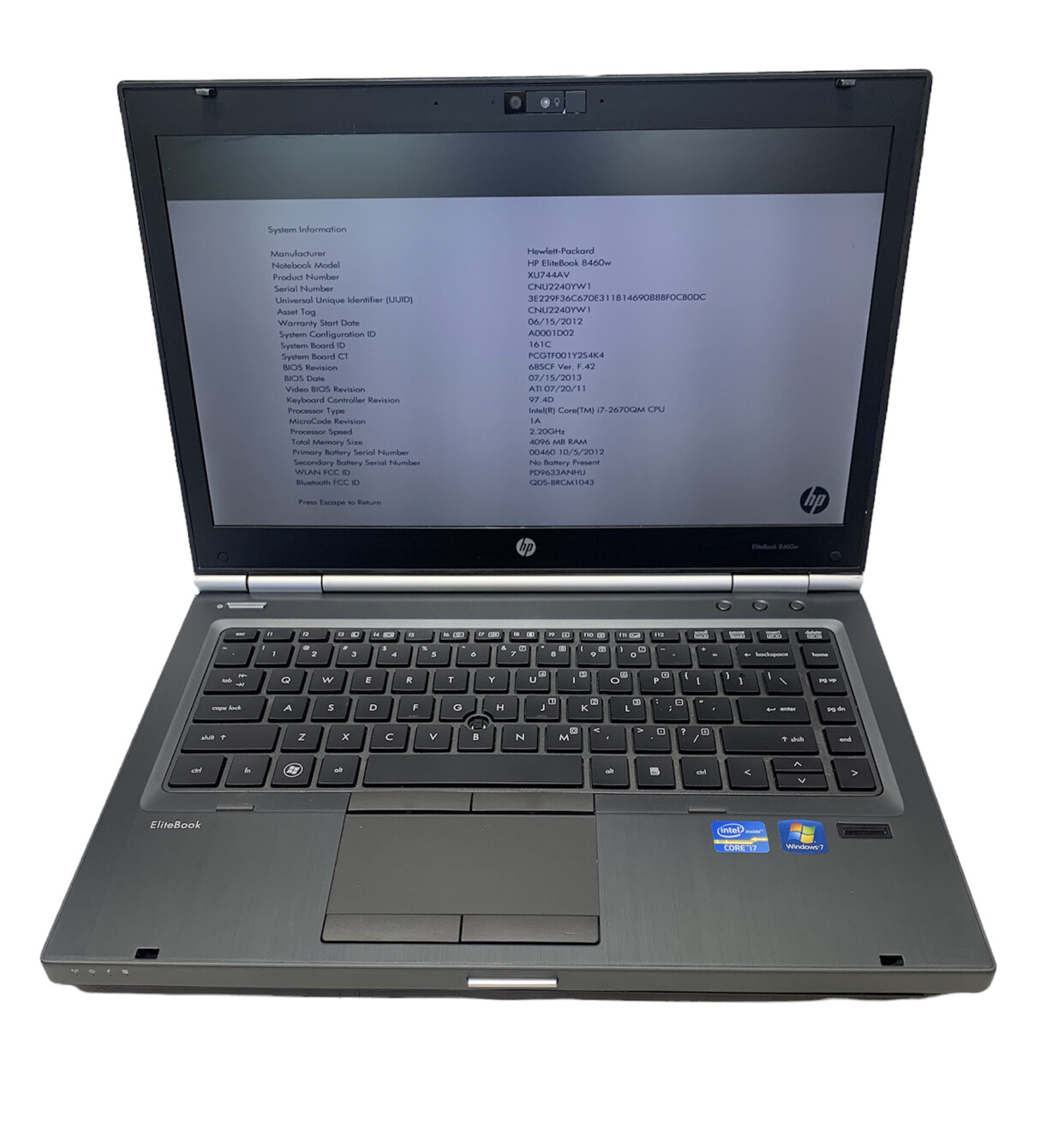 HP EliteBook 8460W i7-2670QM 2.20GHz 4GB not hard drive