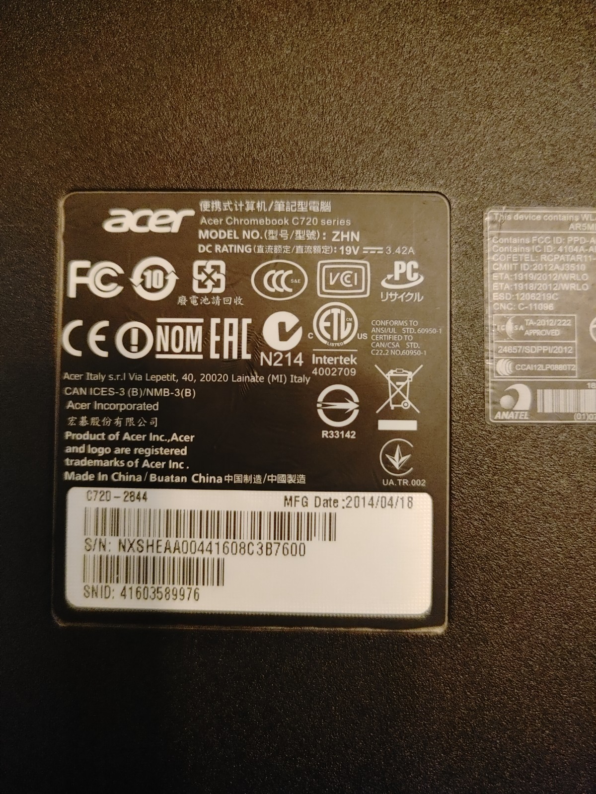 Acer C720-2844 11.6 inches Intel Celeron 4GB RAM 16GB SSD Chromebook
