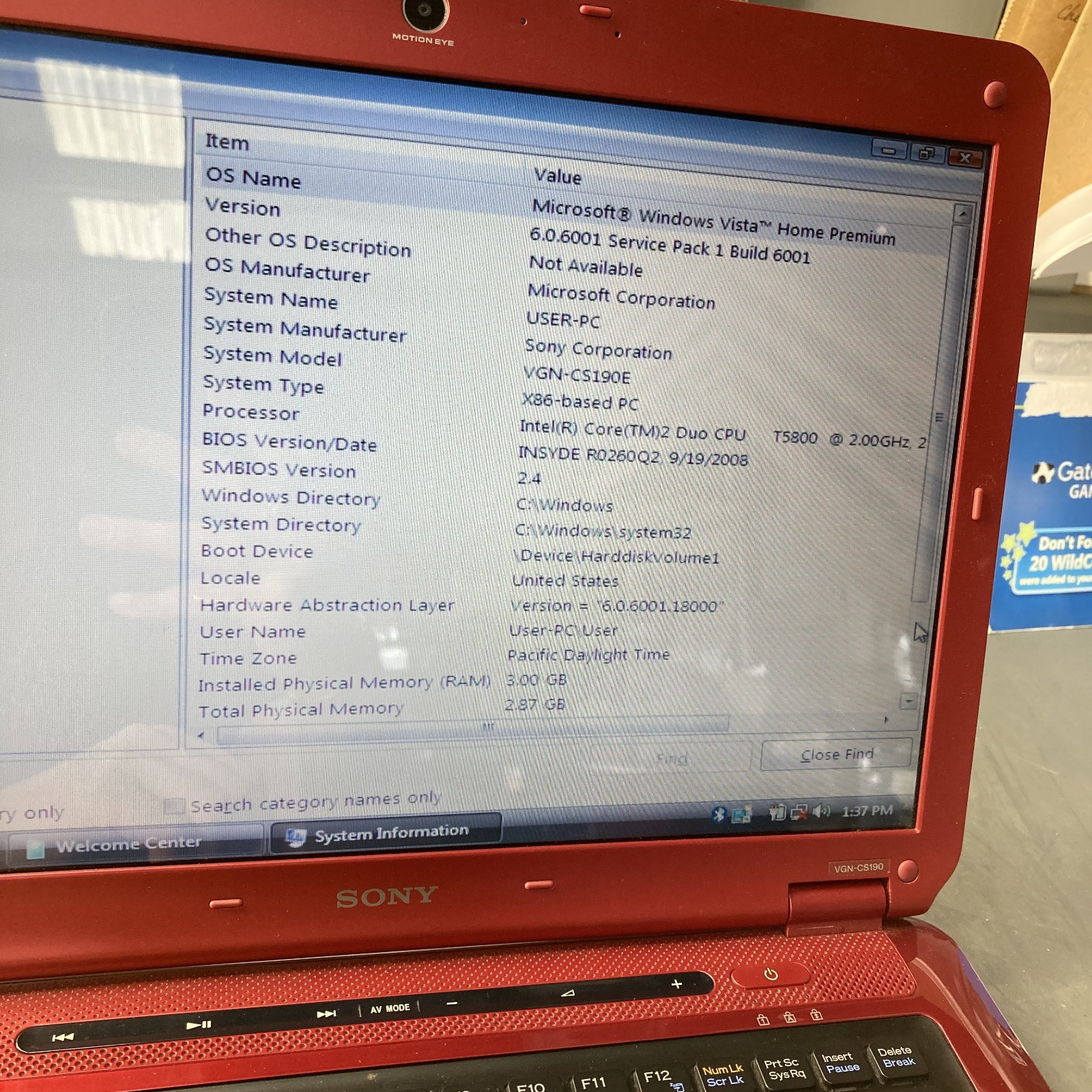 RED Sony Vaio VGN-CS190 14.1″ Laptop Core 2 Duo 2GHz 3GB RAM 250GB HDD Vista