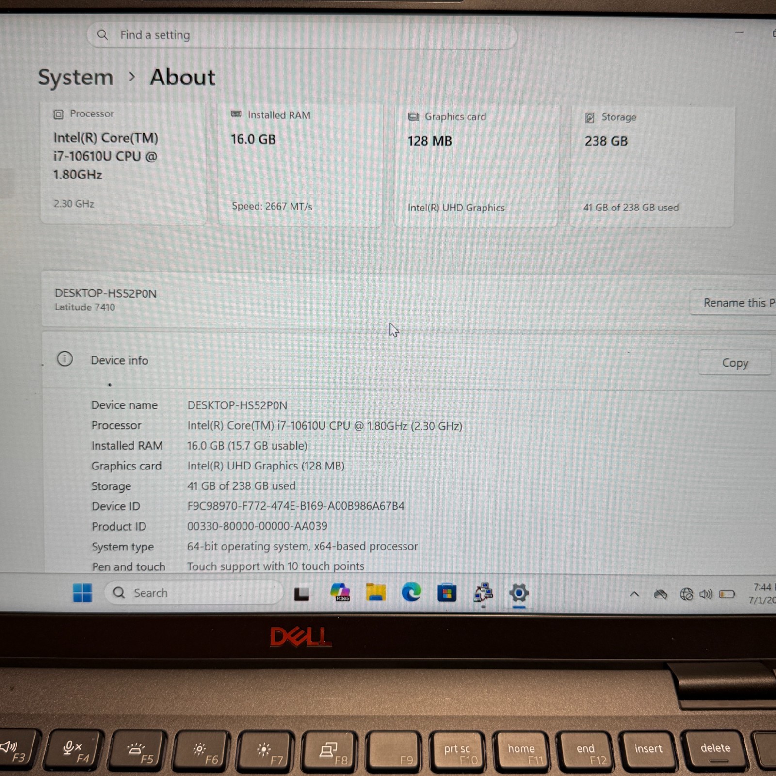 Dell Latitude 7410 14″ Touch i7-10610U 16GB 256GB SSD Win11 Pro Laptop FHD