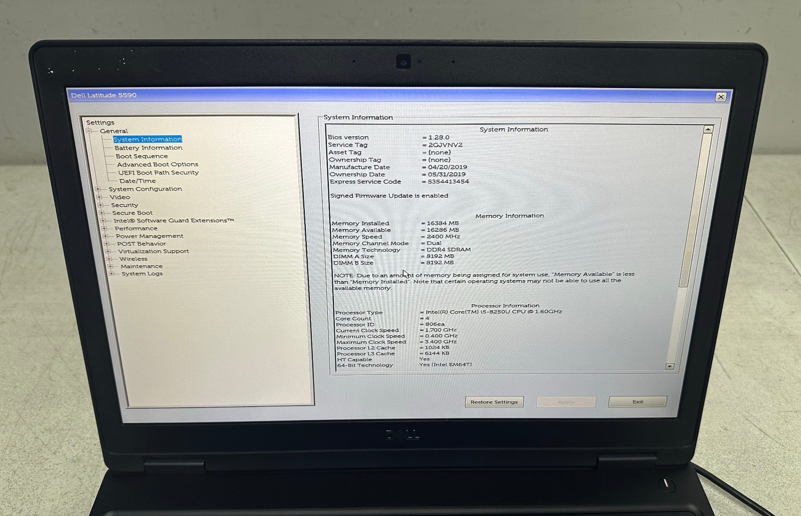 Dell Latitude 5590 15.6 FHD (i5-8250U, 16GB RAM, Boot To Bio) NO HD/BATT/ADAPTER