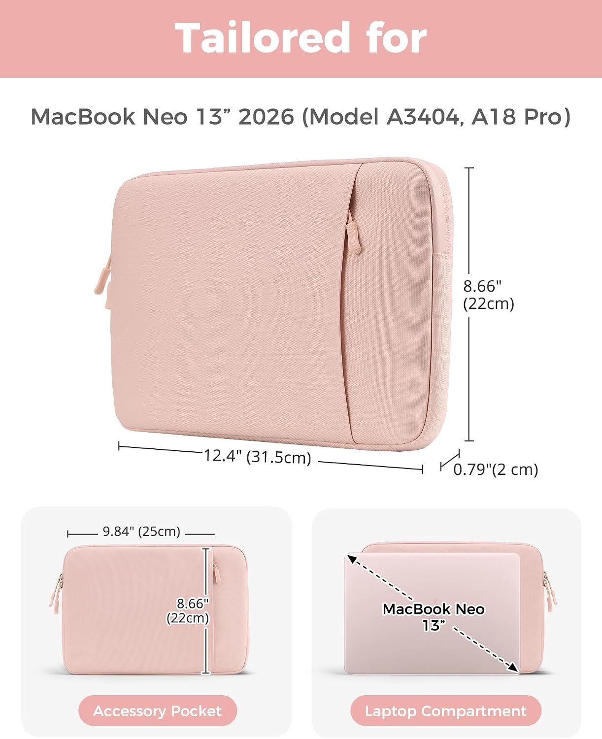 Slim Travel Sleeve for MacBook Neo 13″ 2026 (Models A3404, A18 Pro), Blush Case