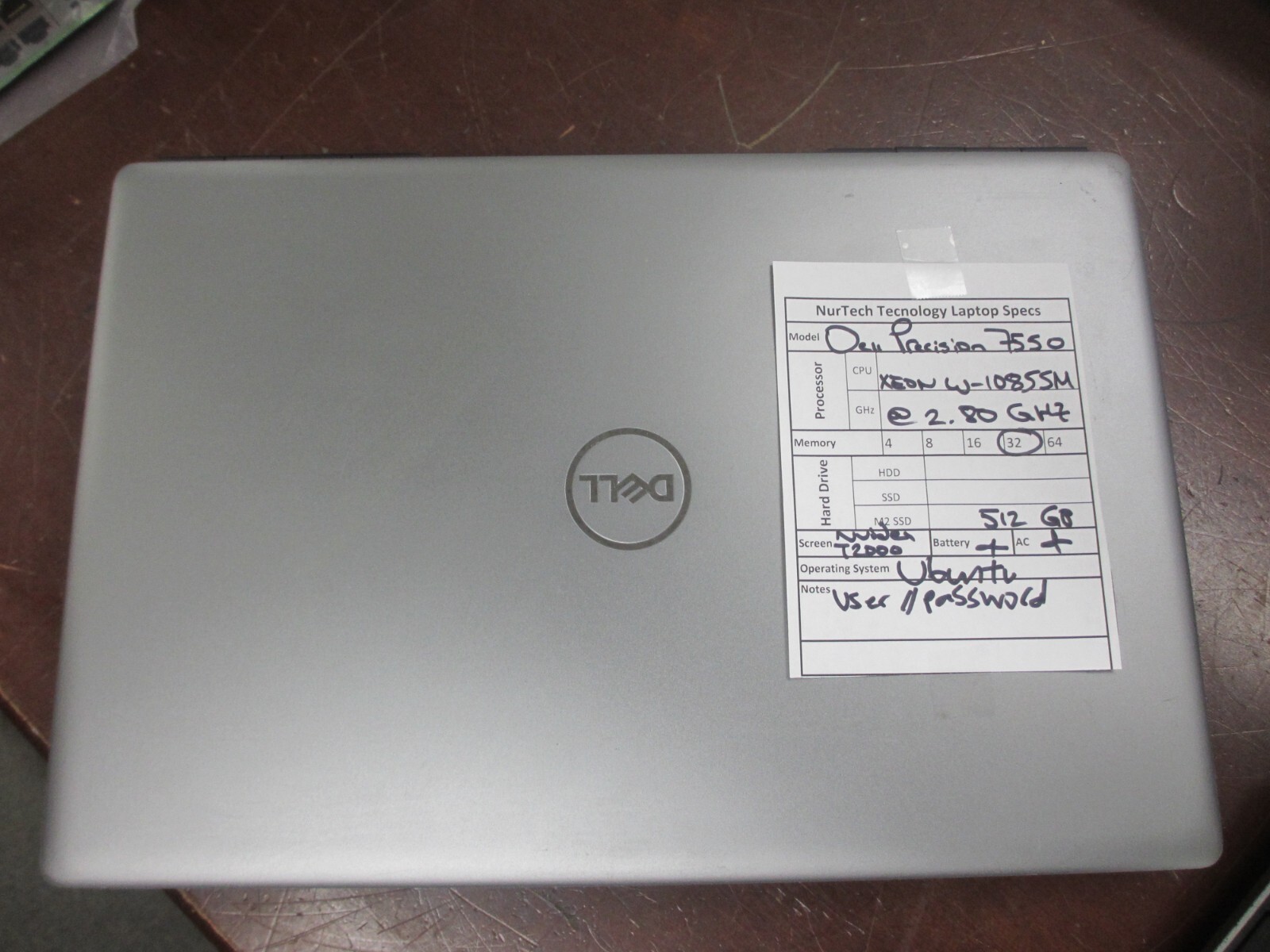 Dell Precision 7550 Xeon W-10855M 2.80GHz 32GB 512GB SSD Ubuntu T2000 Laptop +AC