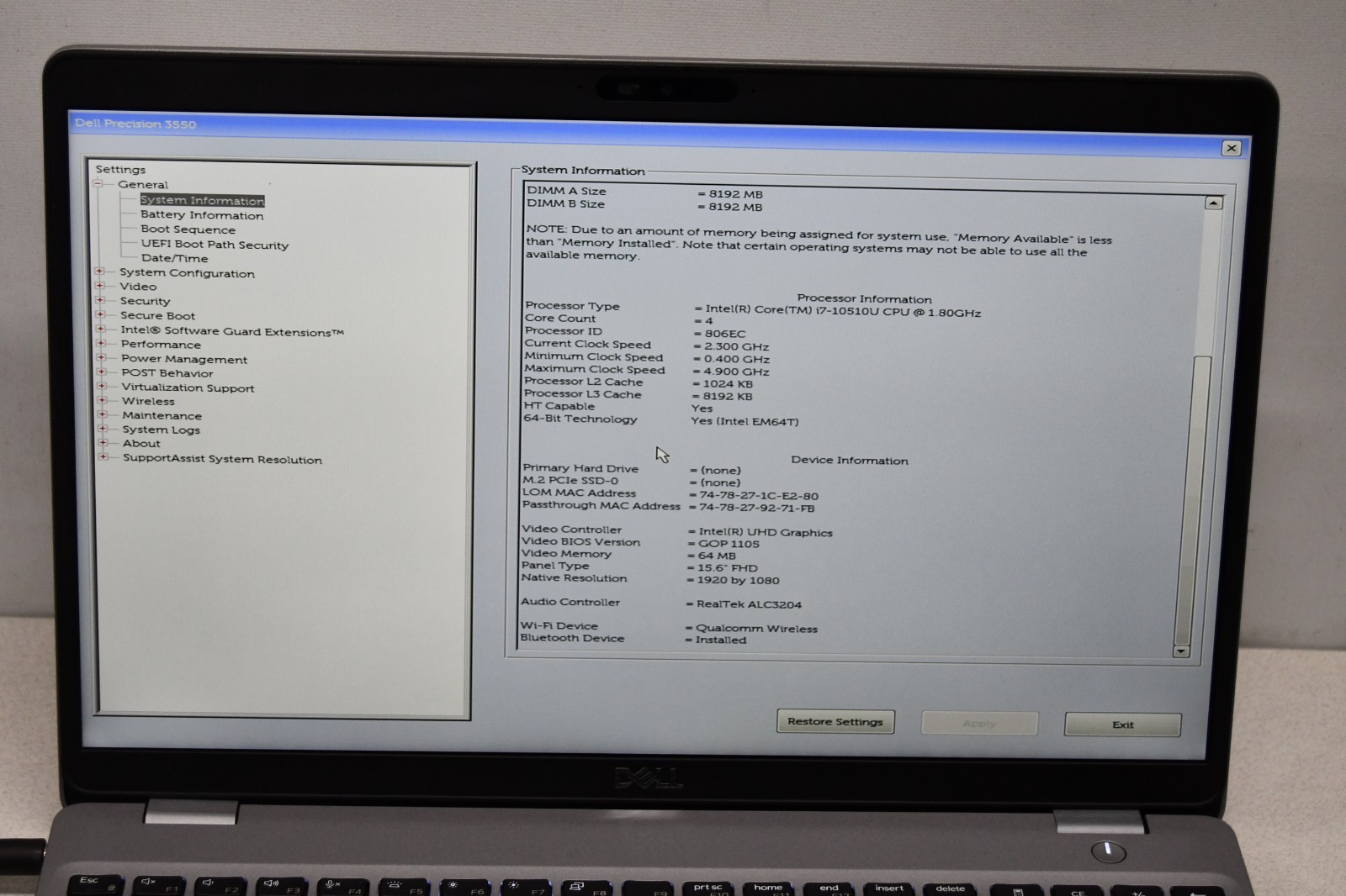 ^ Dell Precision 3550 15.6″ Intel i7-10510U @ 1.80GHz 16GB Ram No HD #X6995