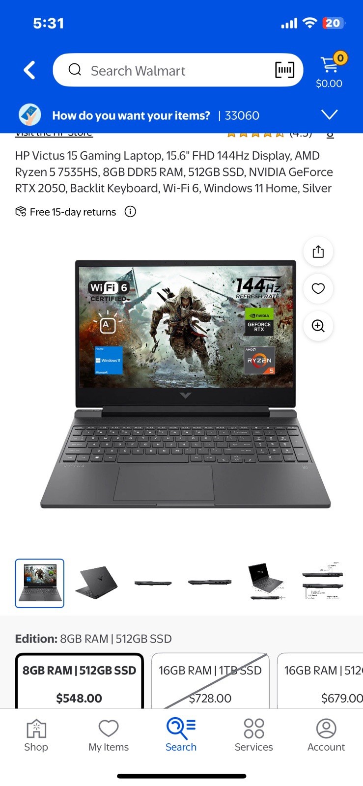 HP Victus 15-FB1013DX ( 512GB SSD ,8GB, Ryzen 5 7535HS , RTX 2050 )Gaming laptop
