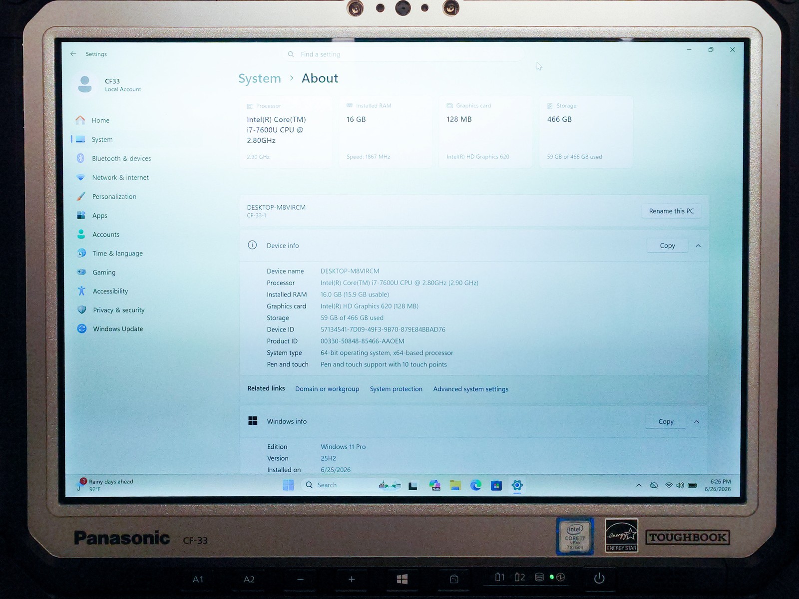 Panasonic Toughbook CF-33 Mk1 12″ i7 16GB 500GB SSD Win 11 Pro Touch GPS LTE 0HR