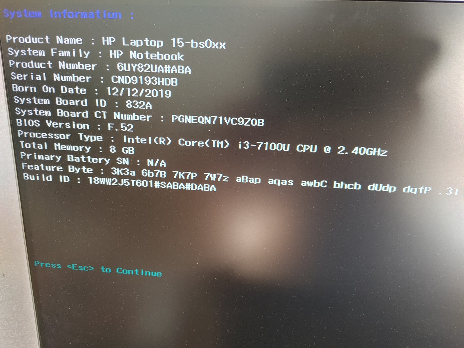 HP Notebook 15-bs0xx Core i3-7100U@ 2.4Ghz NO RAM ,NO HD ( Selling Motherboard)