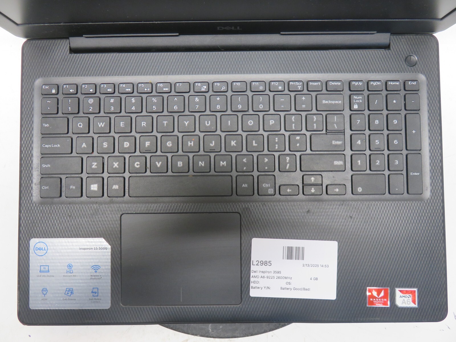 Dell Inspiron 3595 AMD A6-9225 2600MHz 4 GB NO HDD No Batt