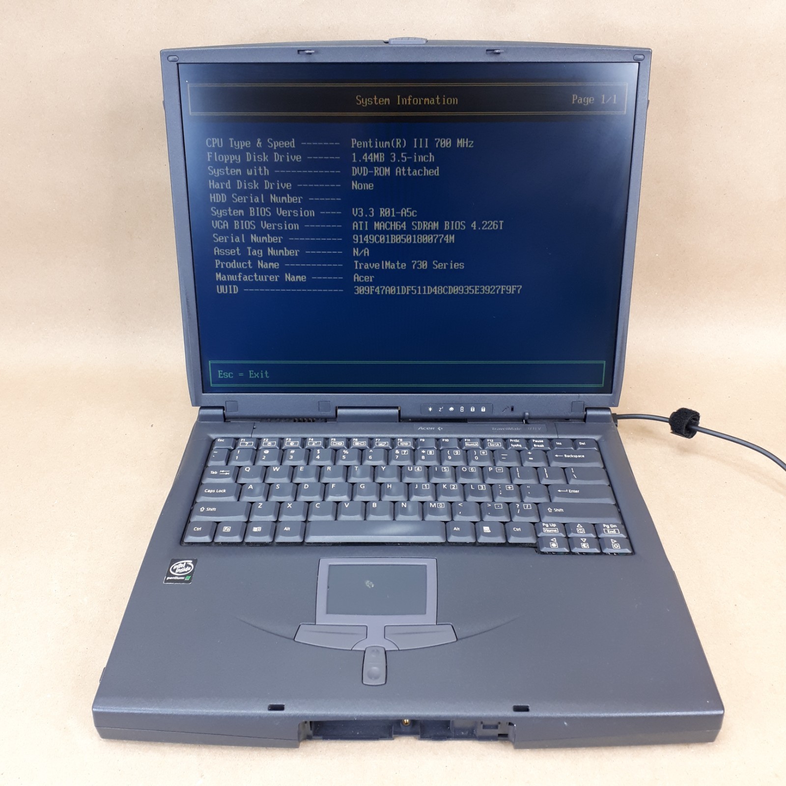 Vintage Acer TravelMate 737TLV 15” Laptop Pentium III 256MB RAM Boot/BIOS No HDD