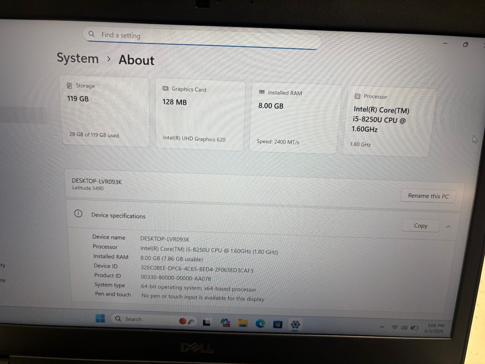 Dell Latitude 5490 14″ Intel i5-8250U 1.6GHz 8GB 128GB SSD Windows 11 Pro