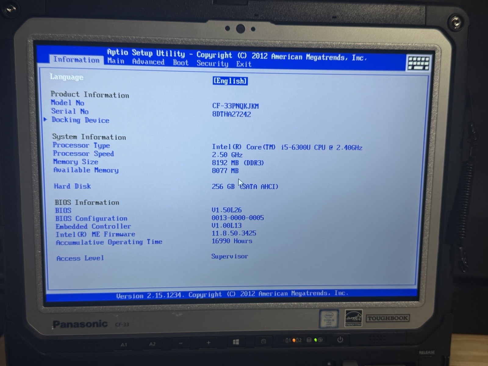 Panasonic ToughBook CF-33 i5-6300U 8GB Ram 256 SSD Win11 Pro. Touchscreen