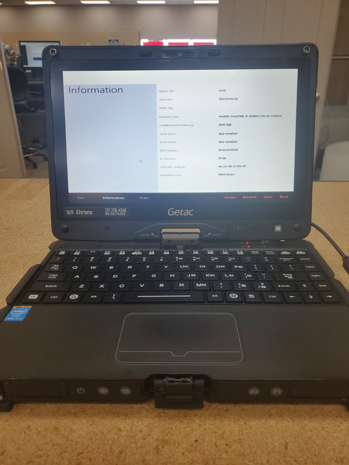 GETAC V110 Laptop Tablet Touch Screen i5-4300U 1.90GHz 8gB No HDD 9650hrs