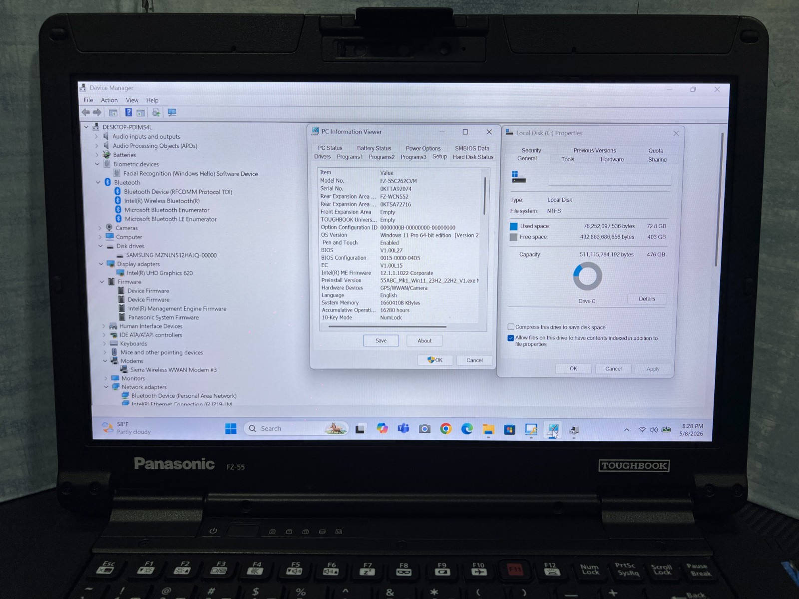 FZ-55C262CVM i5-8365U, 512GB SSD,16GB Mem,VGA,HDMI, GPS, Touchscreen,Win11 25H2.