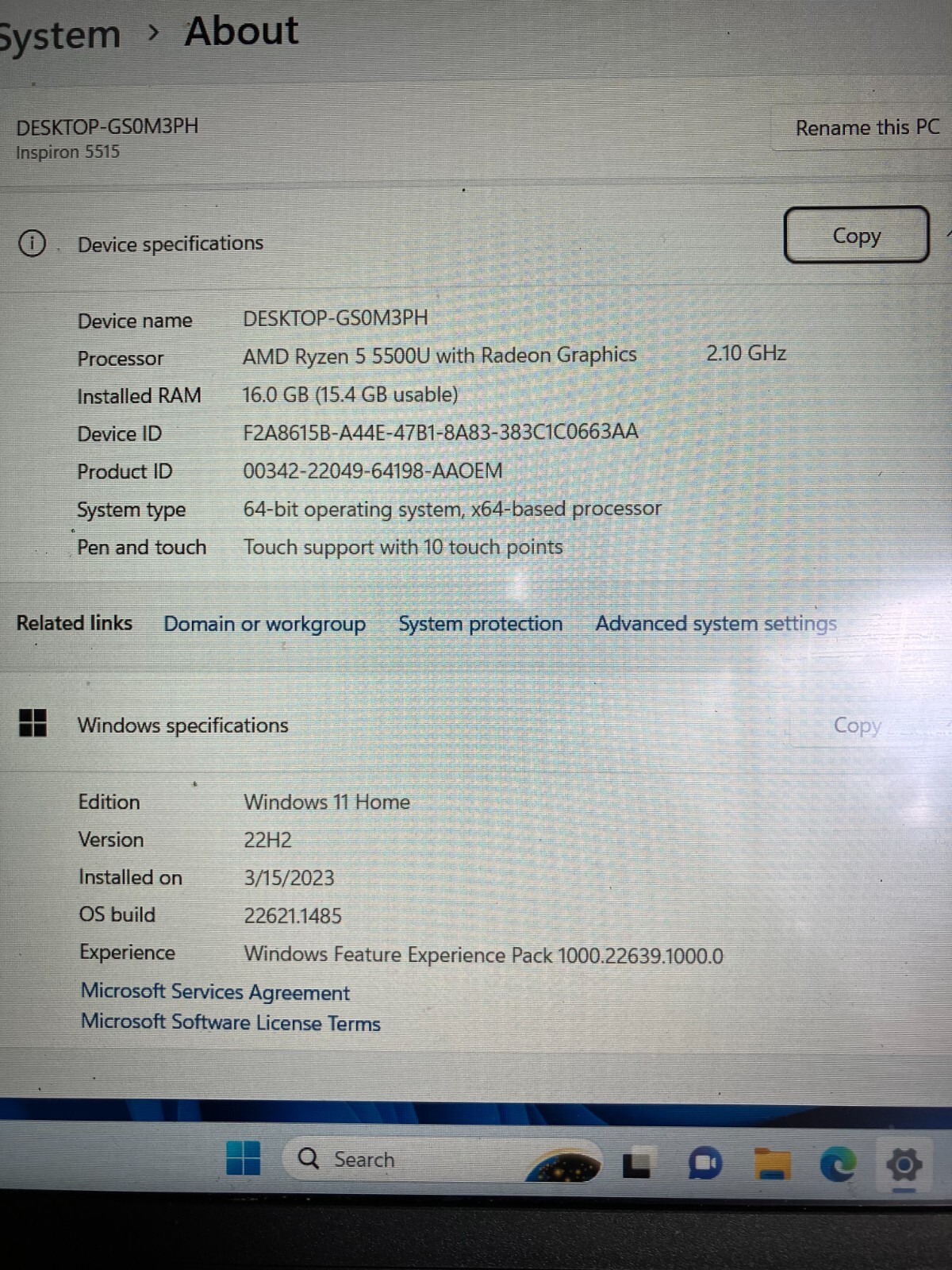 Dell Inspiron 5515 Laptop 15.6″ FHD Touchscreen AMD Ryzen 5 5500U 16GB 512GB SSD
