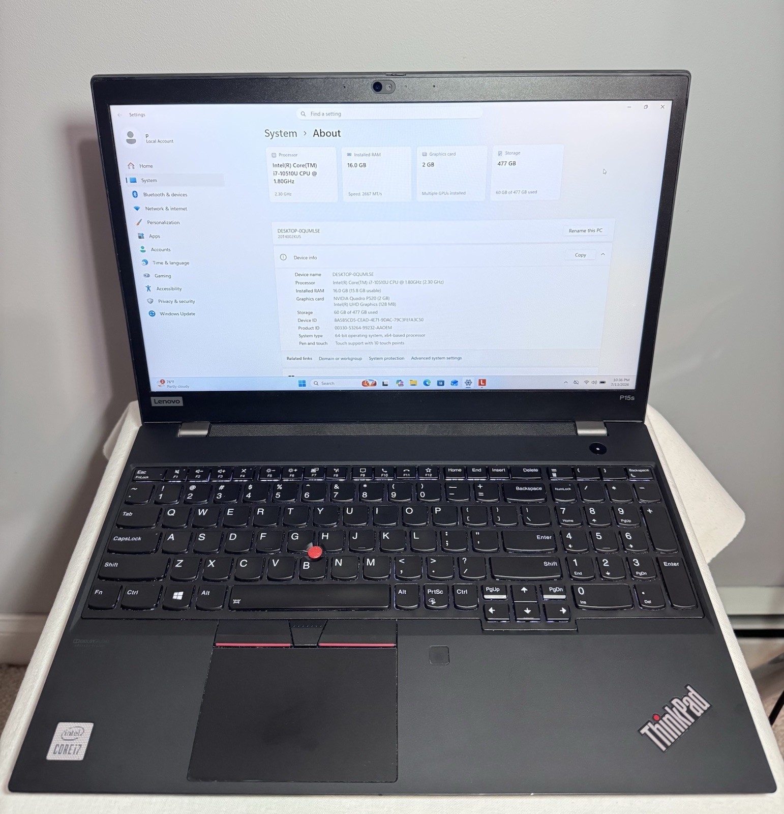 LENOVO ThinkPad P15s Gen1 i7 15.6″ 16GB RAM 512GB SSD WIN11P NVIDIA Quadro P520