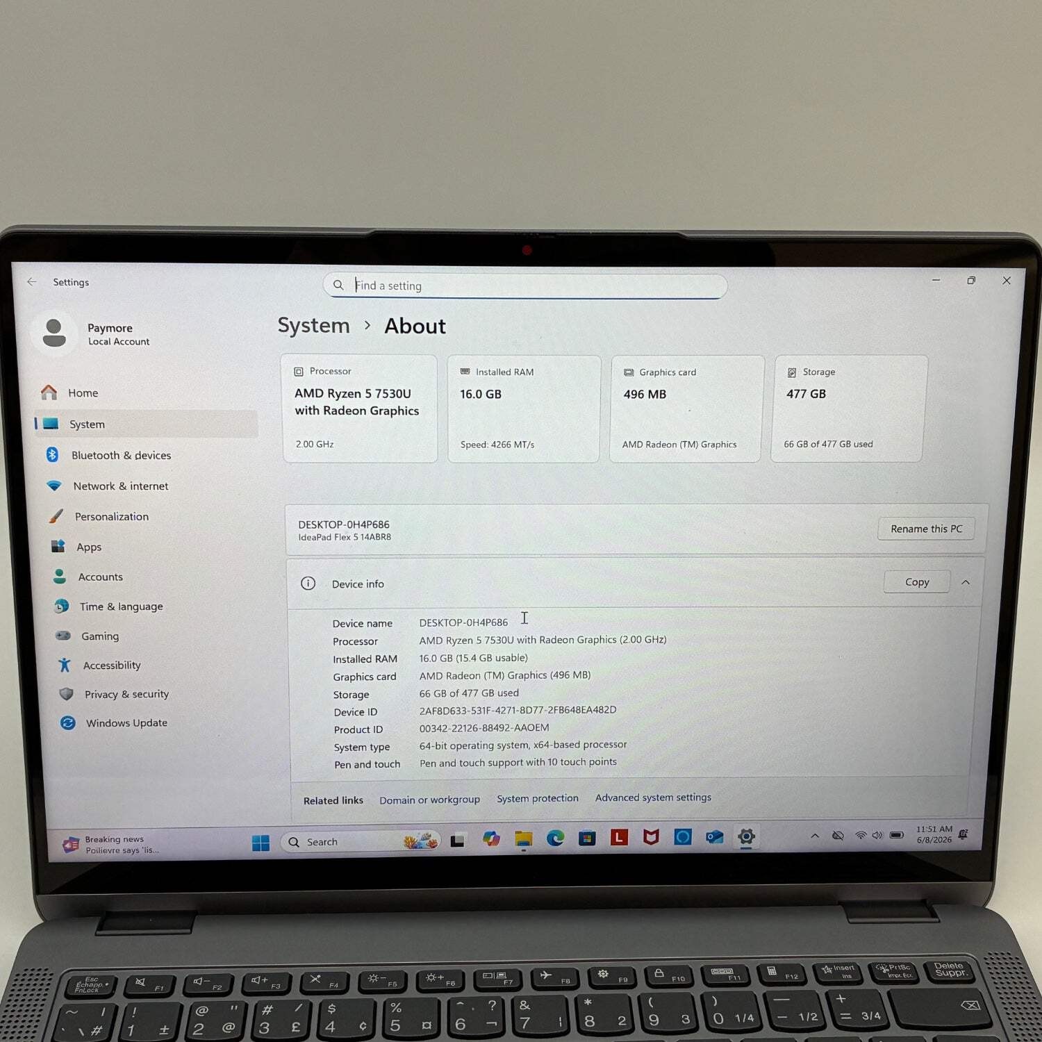 Lenovo IdeaPad Flex 5 14ABR8 14″ Ryzen 5 7530U 2.0GHz 16GB RAM 512GB SSD