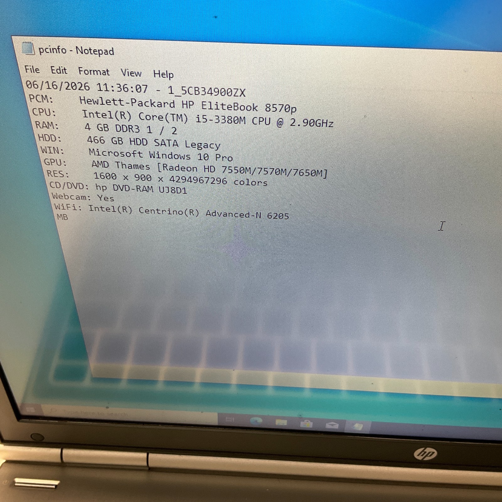 HP EliteBook 8570p 15″ Intel Core i5-3380M 2.9GHz 4GB 500GB HDD Win 10 NO BATT