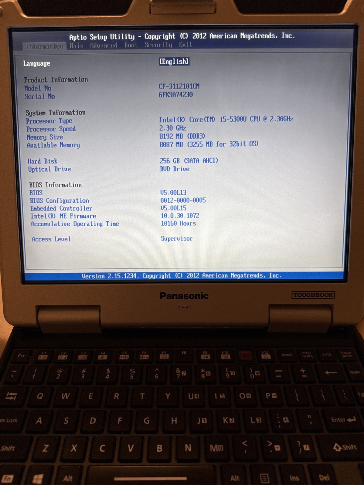 Panasonic Toughbook CF-31 MK5 i5-5300U 2.30GHz 8GB/256GHDD/DVD/No AC Charger