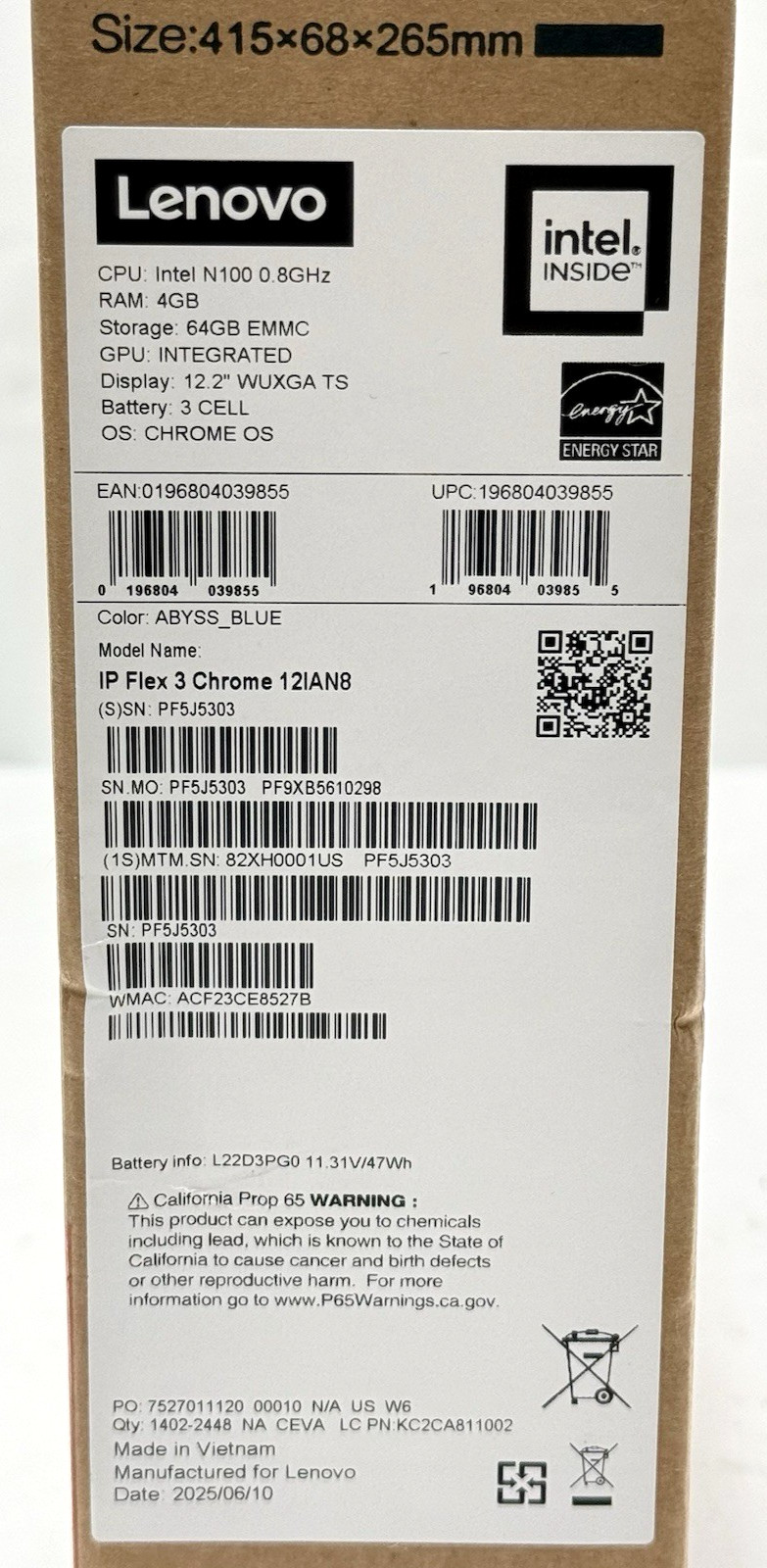 Lenovo IdeaPad Flex 3 Chromebook 12.2″ intel N100 4GB 64GB eMMC Blue 82XH0001US