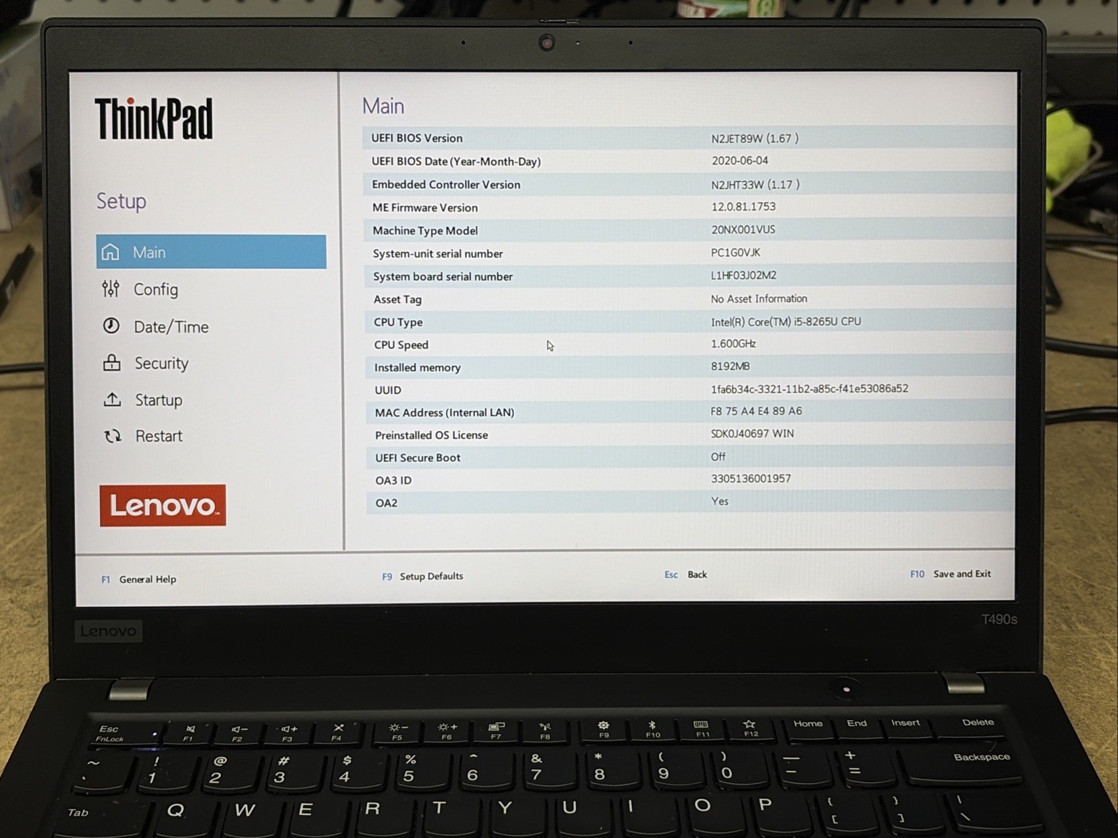 Lenovo ThinkPad T490s 14″ FHD i5-8265u 8GB RAM No OS/SSD