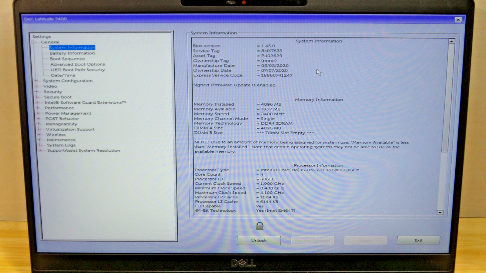 Functional Dell Latitude 7400 | i5-8365U | 4 GB RAM | 256 GB NVMe SSD | PASSWORD