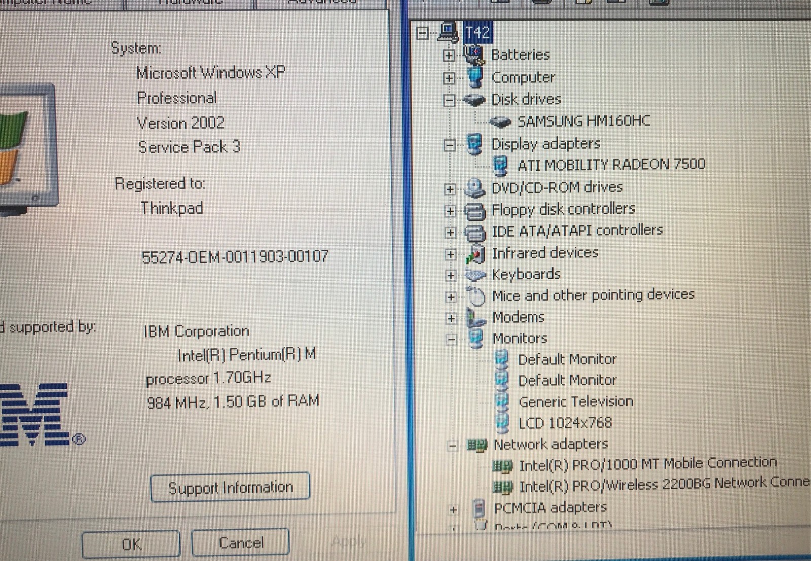 IBM ThinkPad T42 14″ XGA – 1.7ghz, 1.5gb, 160gb HDD, XP + win 98se dual boot