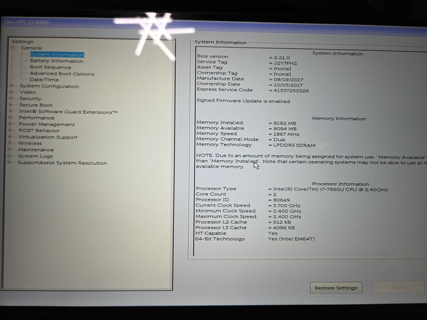 Dell XPS 13 9360 i7-8550U @ 2.40 GHz 8GB 256GB SSD. Touchscreen