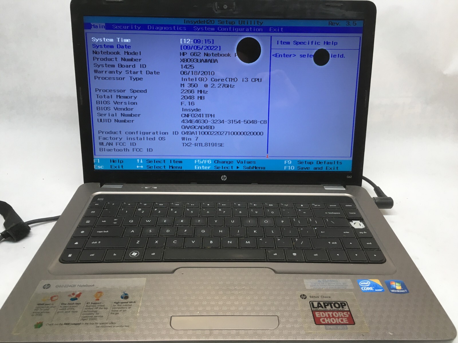 HP Notebook G62-234DX Laptop 15″ Intel Core i3 1st Gen READ DESCRIPTION -AA