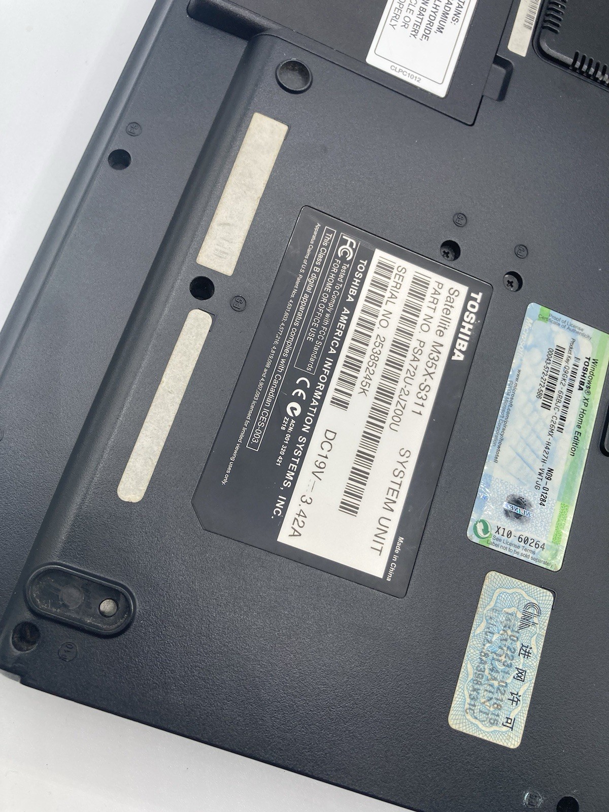 Toshiba Satellite M35X-S311 PSA72U-2JZ00U Untested Parks No Power Supply Cord