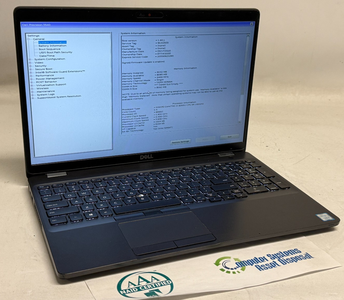 Dell Precision 3540 15.6″ (i5-8265u – 8GB RAM – 256GB SSD – Win11Home)