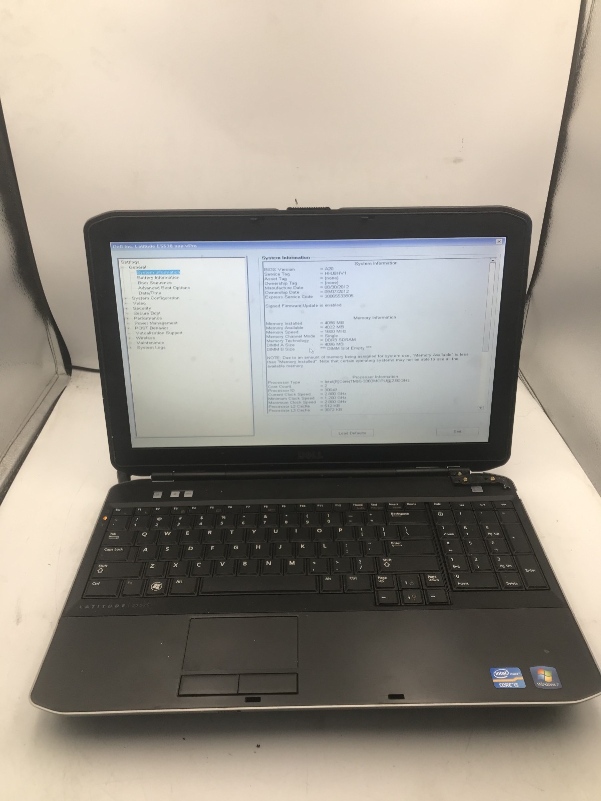 DELL LATITUDE E5530 – BOOTS TO BIOS – INTEL I3 3360M – NO RAM – 15″ – READ – BB!