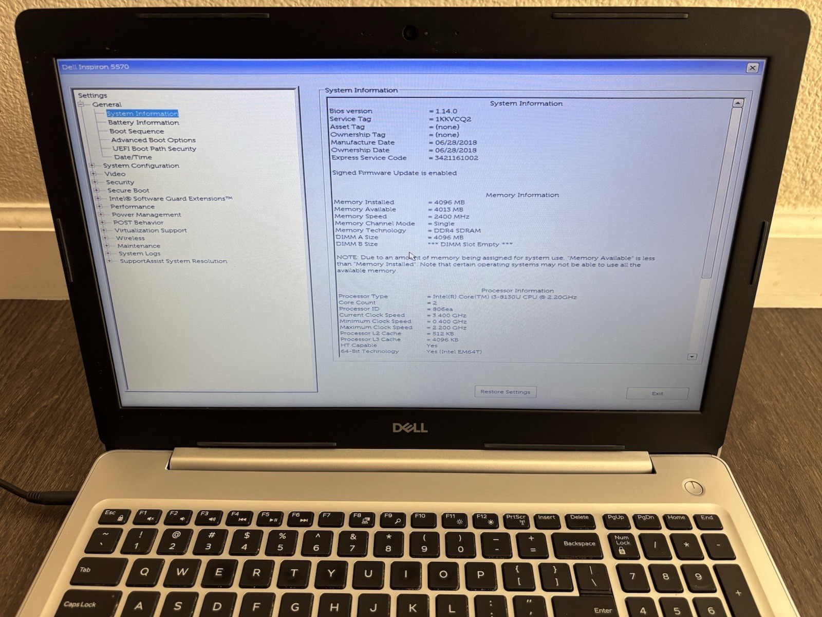 Dell Inspiron 5570 Core i3-8130U, 4GB RAM, 15.6″ Laptop for Parts/Repair